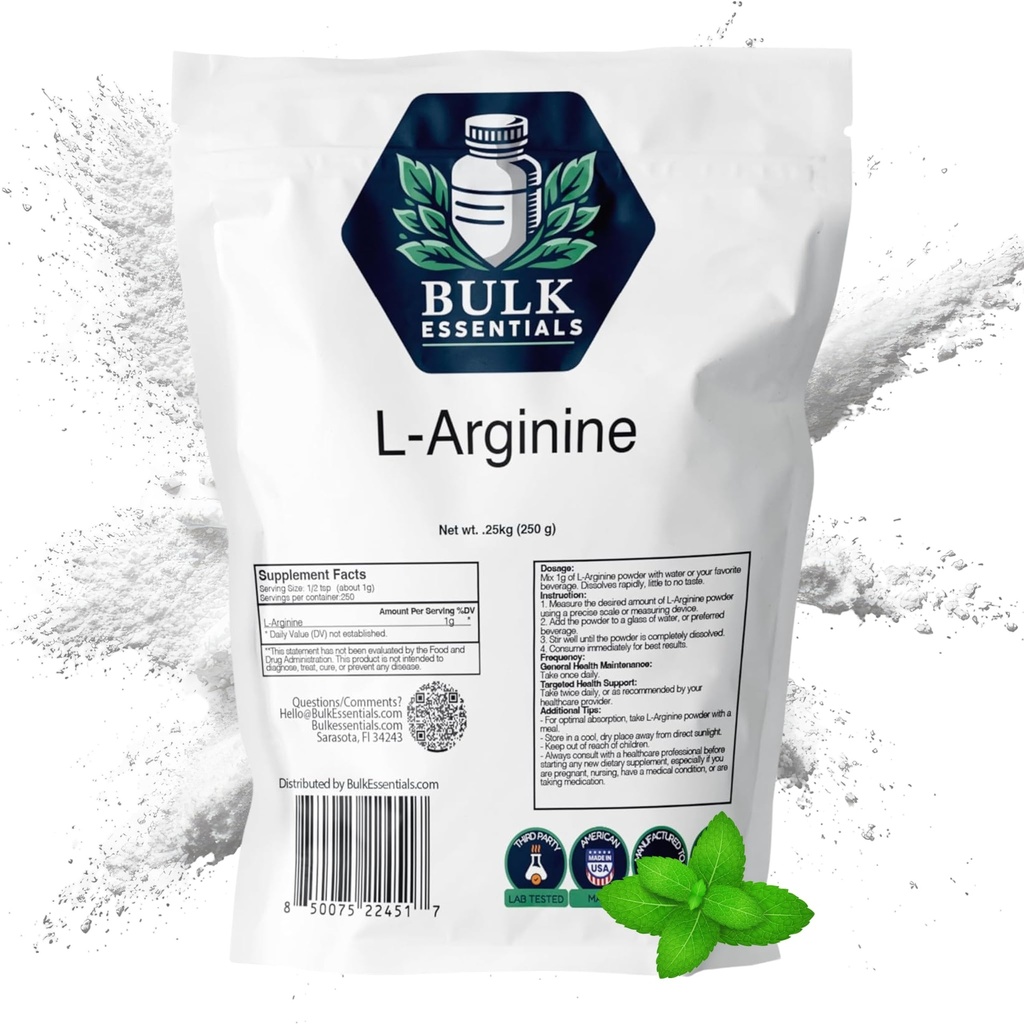 L-Arginine Powder, Unflavored 250g, Nitric Oxide Supplement, 1g Per Serving | Maintains Blood Flow, for Men & Women, Free from GMO & Gluten, USA Made