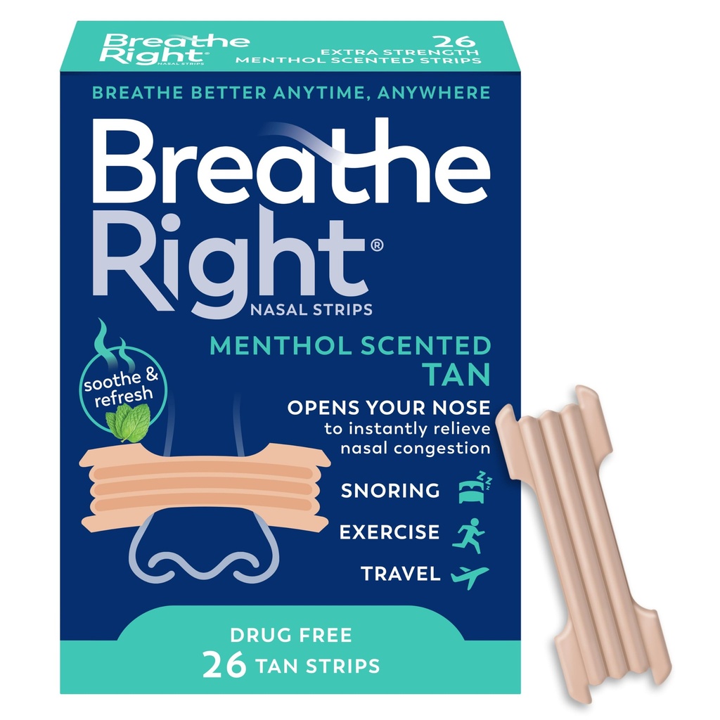 Breathe Right Nasal Strips, Extra Strength, Menthol Scent, Tan, 26ct | Opens nose and increases nasal airflow, helps reduce snoring caused by nasal congestion, for use anytime, anywhere, drug-free