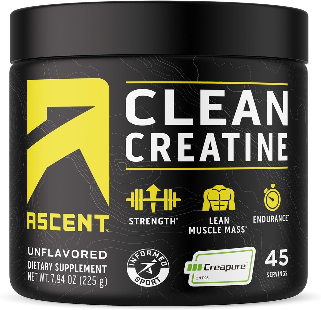 Ascent Clean Creatin Monohydrate Powder - 5G Per Serving, Creapure Supplement - Nepríchuť, 45 Servisov