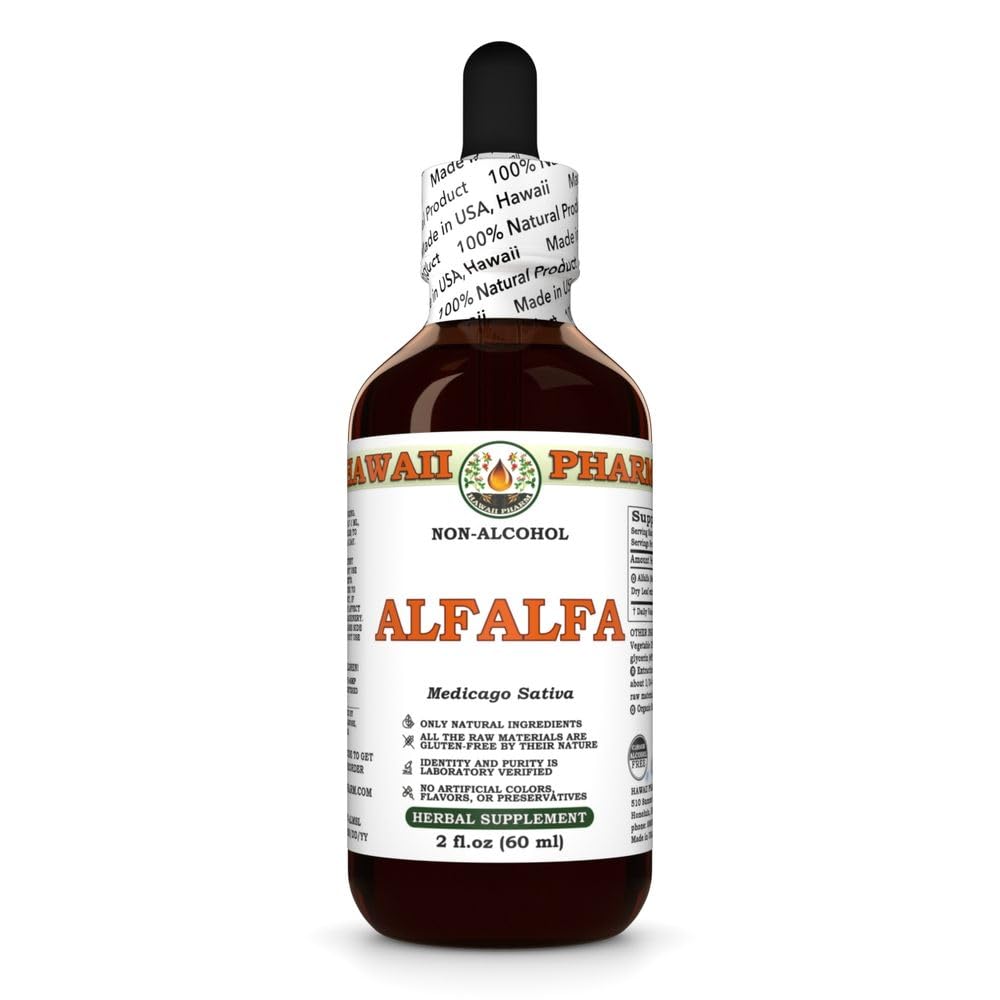Alfalfa (Medicago Sativa) Dry Leaf Glycerite, Made in Hawaii, Raw Materials, All Natural, Vegan, Lab Tested Alcohol-Free Liquid Extract - 2 fl.oz
