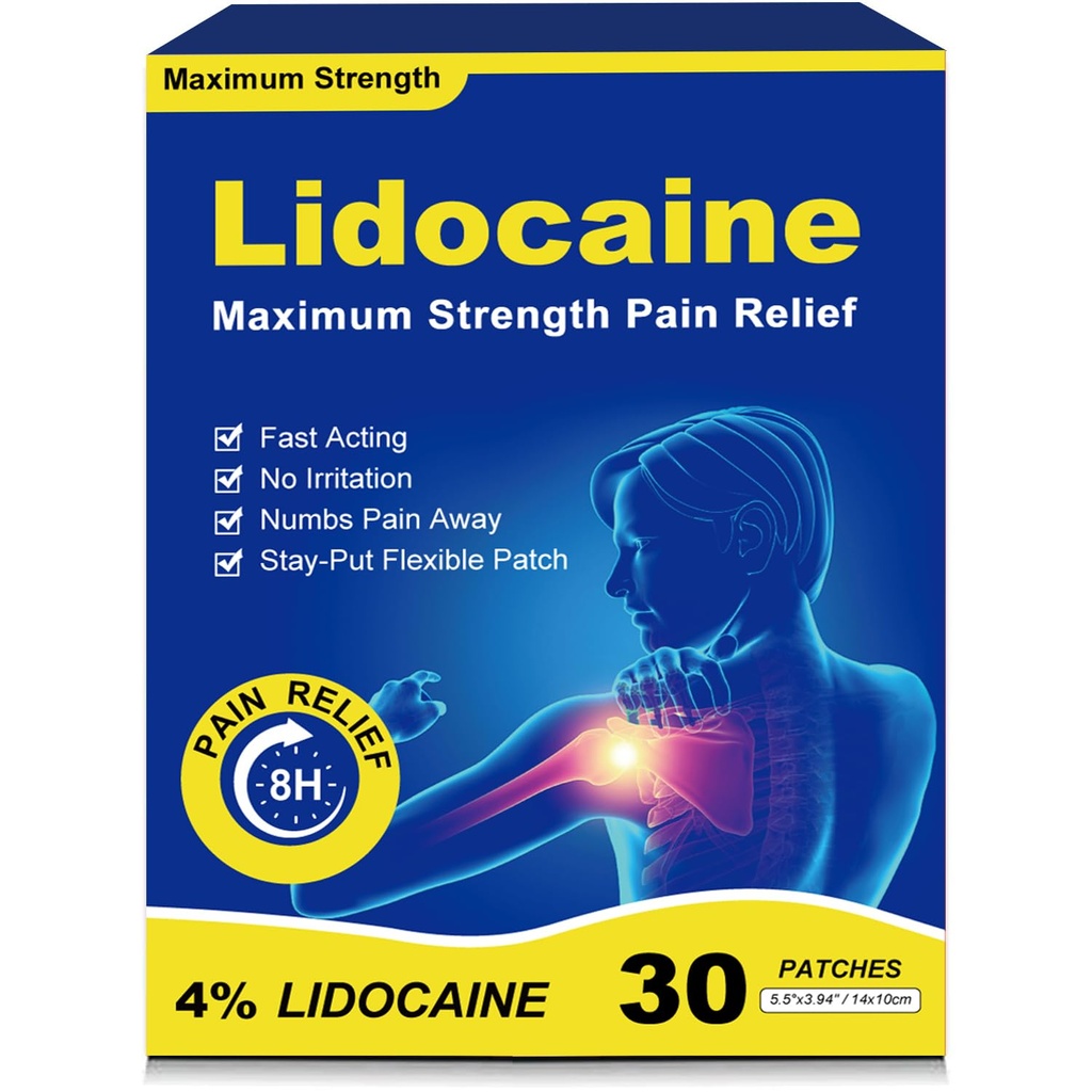 4% Lidocaine Pain Relief Patches, Fast Acting,Maximum OTC Strength,30 Count | 8-Hour Effectiveness Pain Relief for Back, Neck, Shoulder, Joint & Muscle Pain