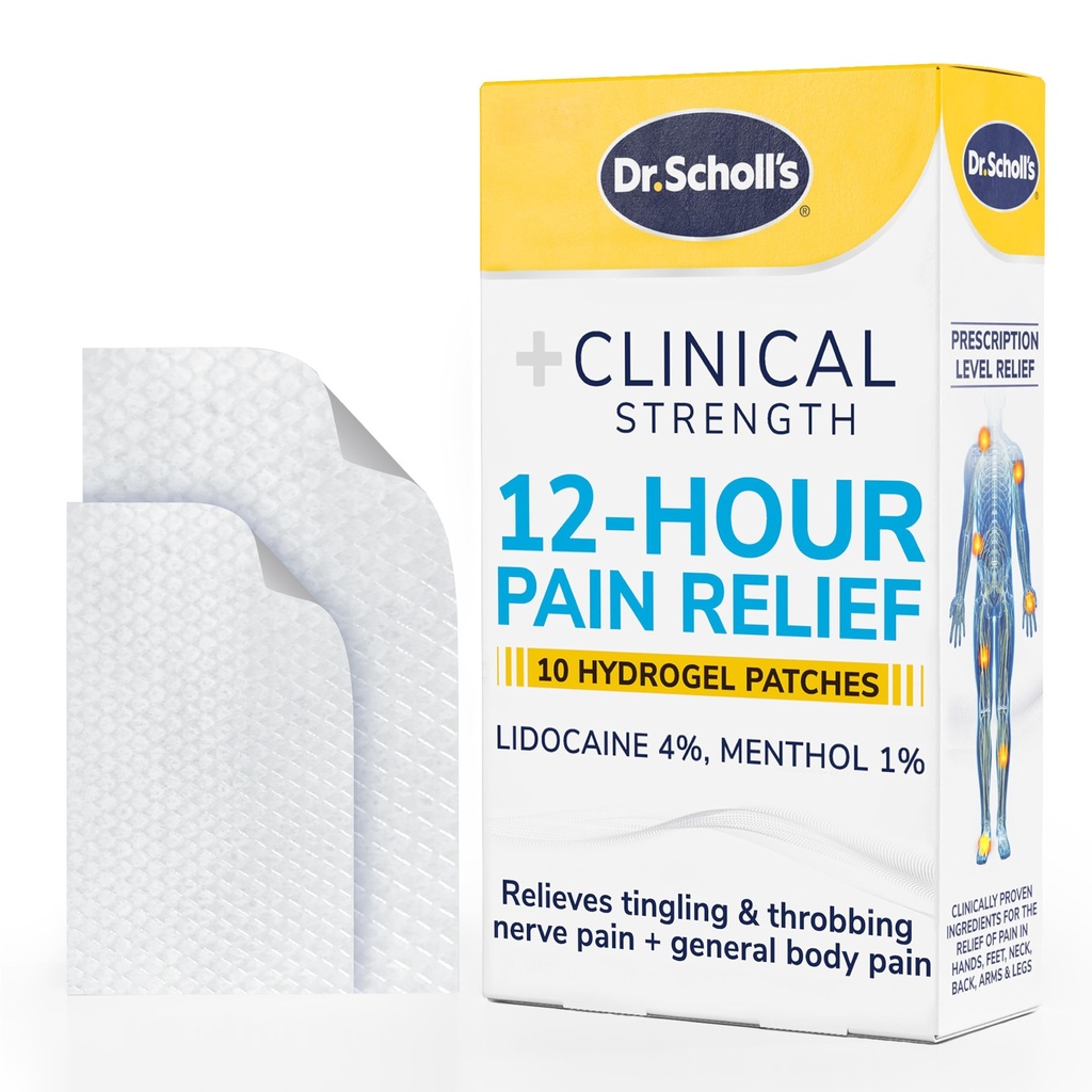 Dr. Scholl’s Clinical Strength 12-Hour Pain Relief Hydrogel Patches 10ct - 4% Lidocaine for Powerful Numbing, Instant Cooling Pain Relief with Menthol, Added Arnica, for Hands, Feet, Neck, Back & Legs