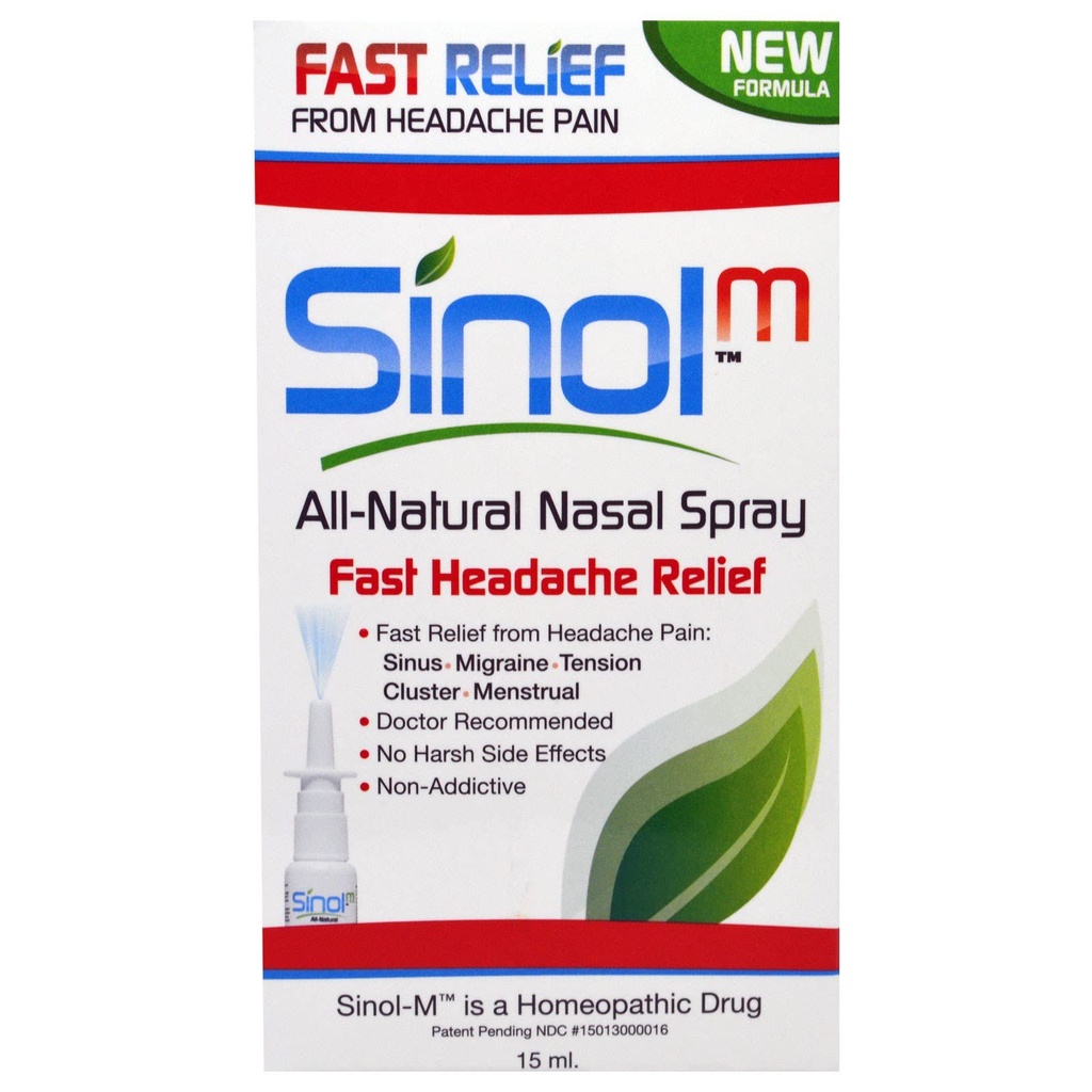 Sinol Headache Relief Nasal Spray, OTC Migraine and Sinus Relief, 57 Doses | Migraine, Cluster and Sinus Headaches, Natural Ingredients, Non-Drowsy and Non-Addictive, Made in USA, Shake Before Use