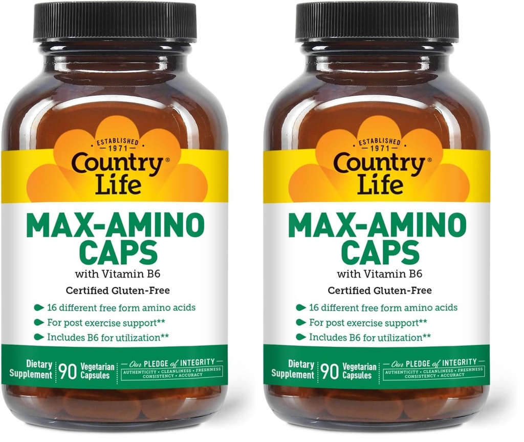 Country Life Maxi-Amino with 16 Free Form Amino Acids, 90 Vegetarian Capsules, Certified Gluten Free, Certified Vegetarian (Pack of 2)