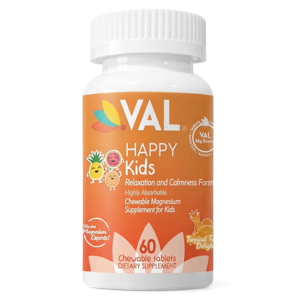 VAL Magnesium for Kids | High-Absorption Magnesium for Calm, Relaxation & Focus | Mg Glycinate, Citrate & Taurate | with Vitamin B6, D & C | Sugar-Free, Non-GMO | 60 Chewable Tablets