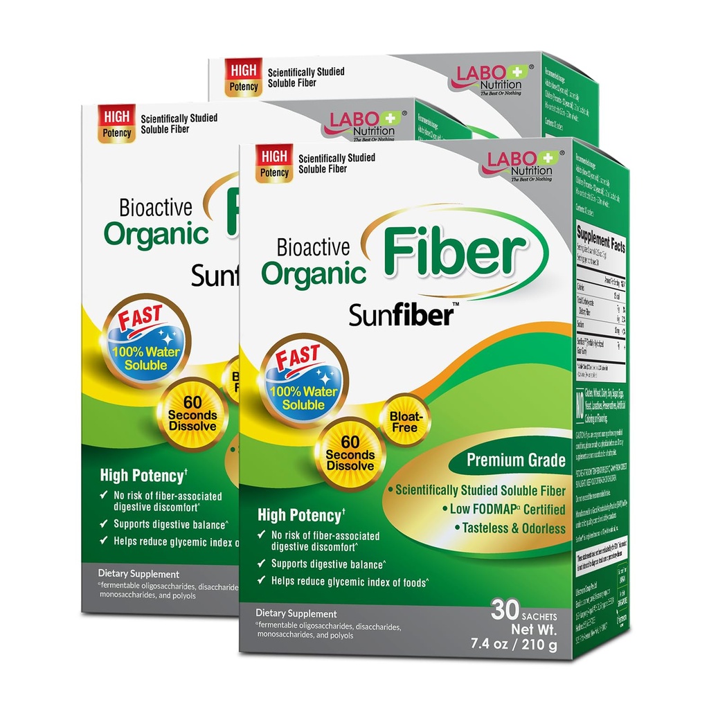LABO Nutrition Bioactive Organic Fiber Sunfiber 30 sachets x 3 Pack | PHGG soluble prebiotic fiber, Low FODMAP, Unflavored, Vegan, Non-GMO,90 days' supply