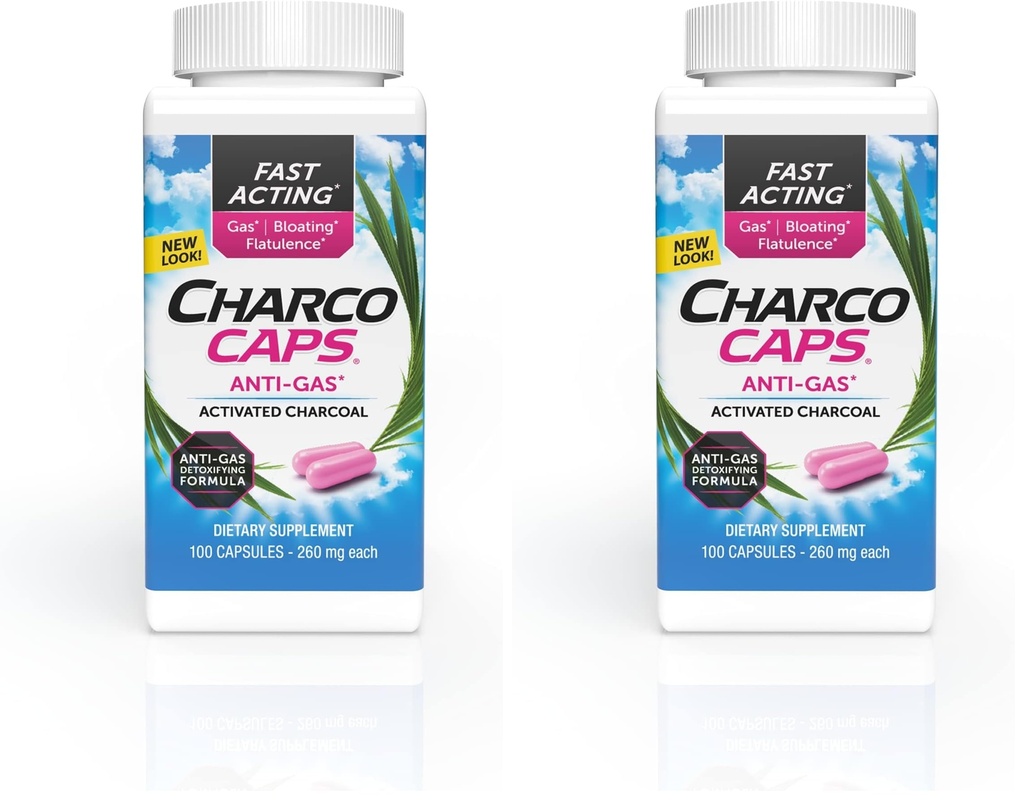 Fast Acting Gas Relief for Bloating & Flatulence,Drug Free Detoxifying Activated Charcoal Formula,100 Capsules,30 Day Supply,Pink,(Pack of 2)