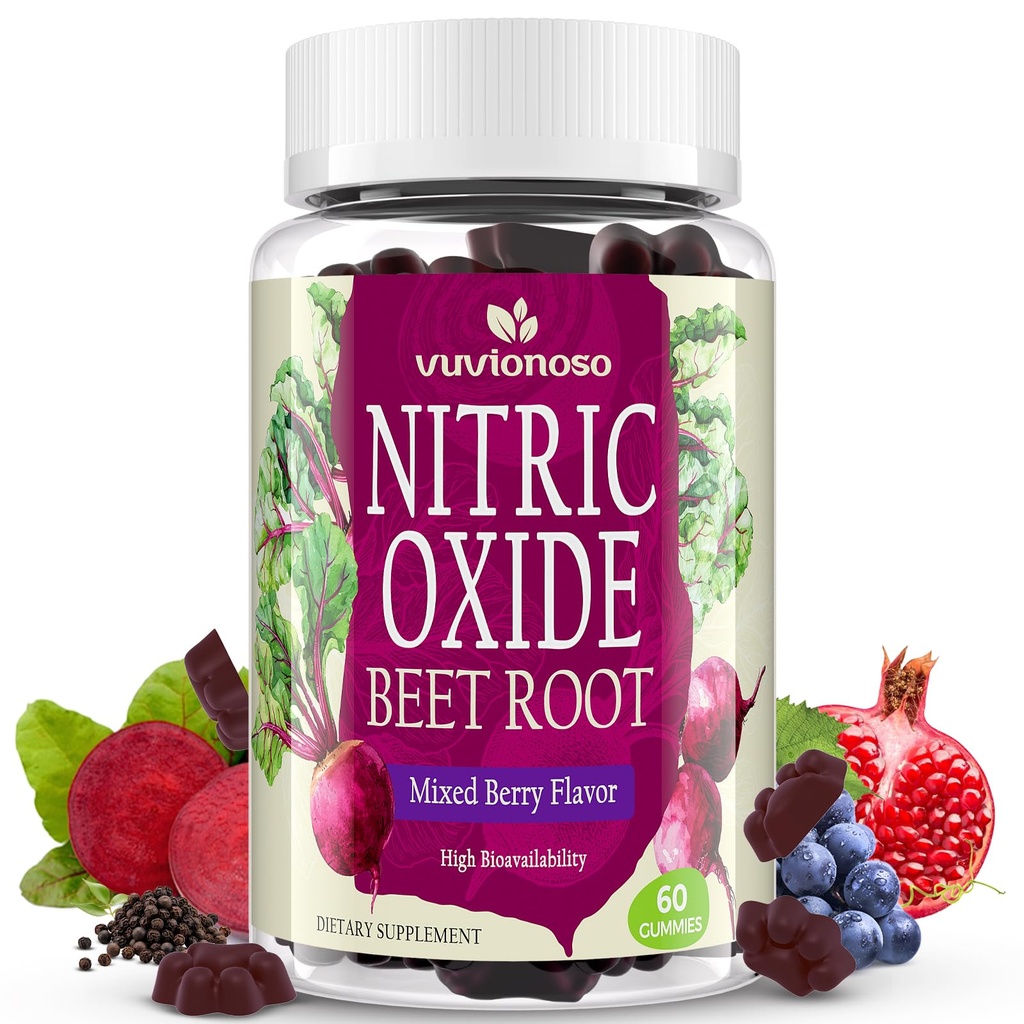 Nitric Oxide Beet Root Gummies 6000mg – Nitric Oxide Booster with Organic Beet Root, Grapeseed, Pomegranate, Vitamin C & B12 – Sugar-Free Beet Chewables Mixed Berry Flavor – 60 Gummies