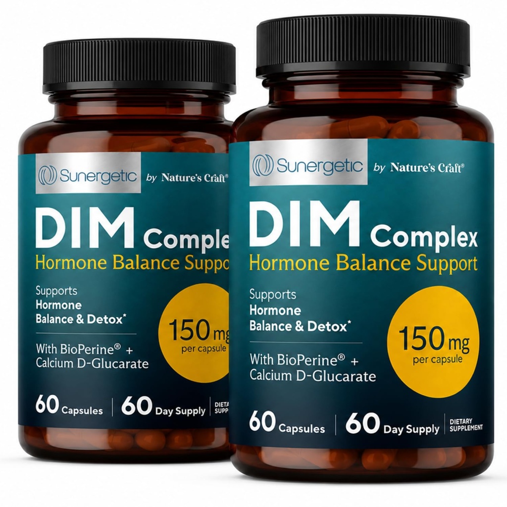 Sunergetic Premium DIM Supplement – 150mg diindolylmethane, Broccoli, Calcium D-Glucarate & Bioperine for Men & Women – DIM Complex for Menopause Support & Balance - 60 Capsules (Pack of 2)