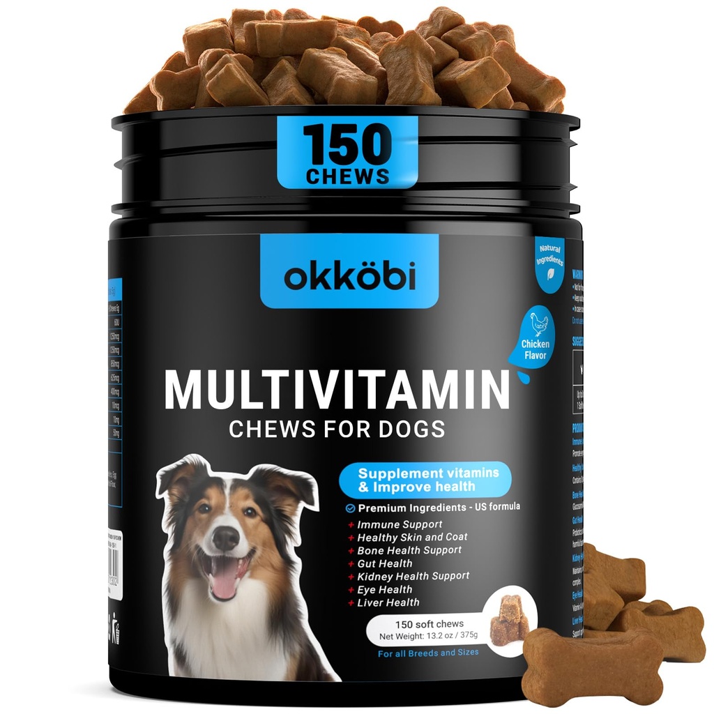 Dog Vitamins and Supplements - 150 Dog Multivitamin Chewable - Immune, Joint Support, Skin, Gut Health + Packed with Omega 3s, Glucosamine & Probiotics - Safe for Puppy - Chicken