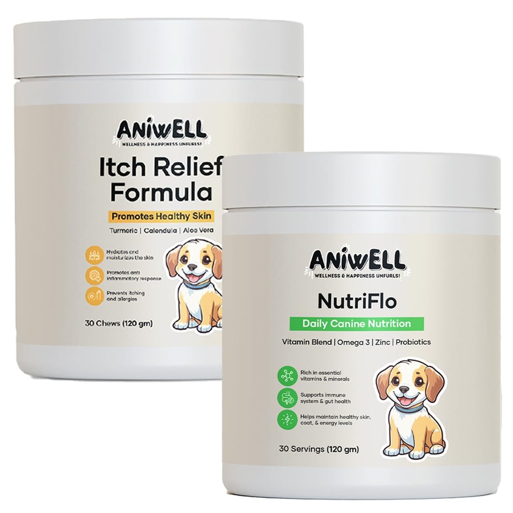 Itch Relief Chews + NutriFlo10-in-1 Dog Multivitamin | Daily Dog Vitamins & Supplements with Seasonal Allergy & Skin Support | Probiotics, Omega-3 & Borage Oil | All Breeds