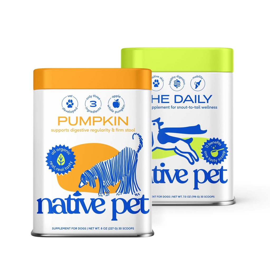 Native Pet Pumpkin Powder for Dogs (30 Scoops) and The Daily Dog Supplement (30 Scoops) - All-Natural, Organic Pumpkin Fiber and 11 in 1 Dog Multivitamins & Supplements