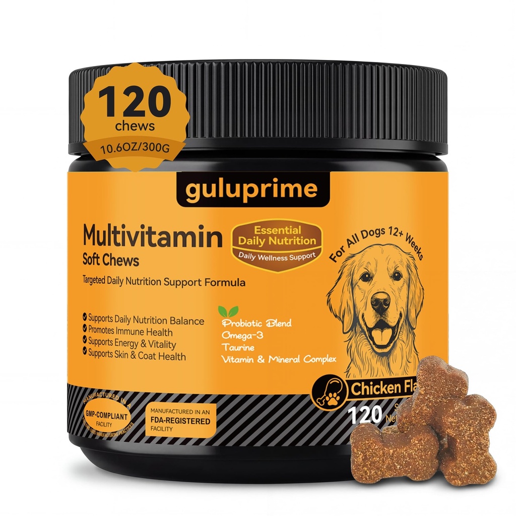 Dog Multivitamin Soft Chews, Daily Vitamins for Dogs, 120 Count | Dog Vitamins & Minerals for Heart & Vision Support, 23 Active Ingredients with CoQ10, Taurine, Lutein & Omega-3 Fish Oil