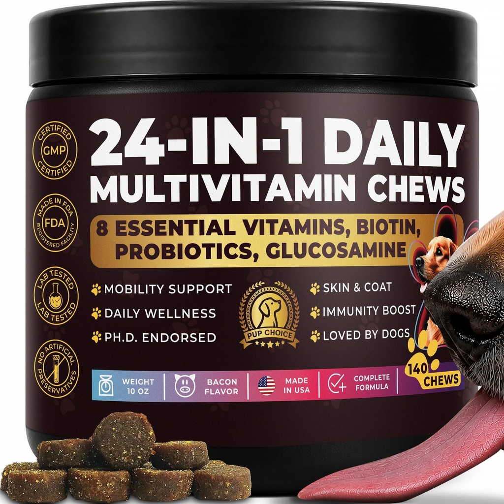 Complete Daily Dog Multivitamin, Bacon - Skin, Coat, Joint & Gut | 24-in-1 chicken-free formula with glucosamine, probiotics, salmon oil and cranberry; 140 soft chews