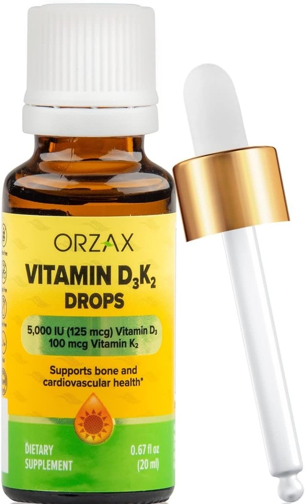 ORZAX vitamine D3 K2 druppels - Ondersteunt botdichtheid en calciumabsorptie - voor bot, spier en hart - (0,67fl oz - 20 ml)