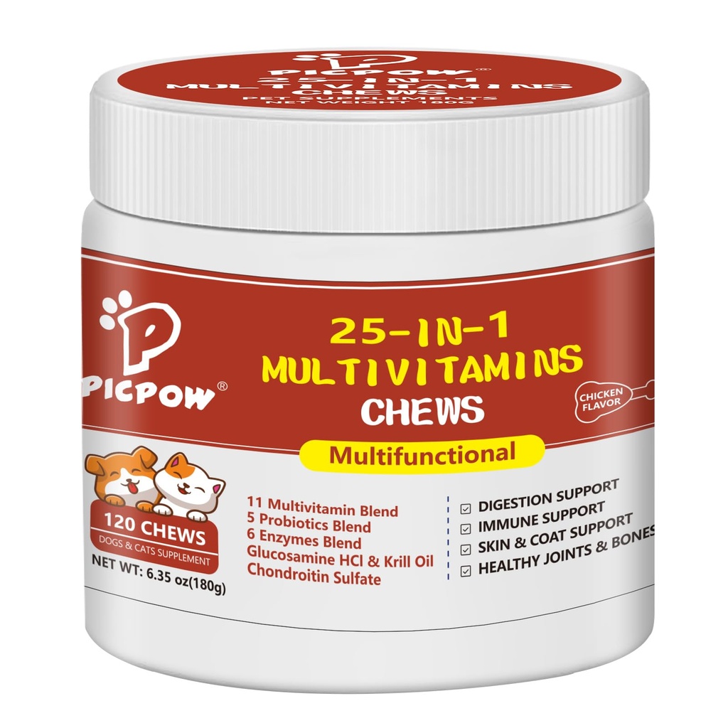Dog Multivitamin Chewable, with Glucosamine Chondroitin, Digestive Enzymes & Probiotics, for Digestion Support, Immune, Skin, Coat, Joints & Bones Healthy, 120 Chews