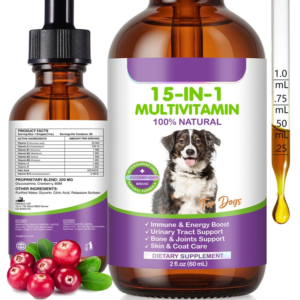 Dog Multivitamin, 15 in 1 Multivitamin for Dogs, Dog Vitamins Liquid Supplements Drops for Hip & Joint, Skin & Coat, Immune, with Glucosamine and MSM, 2 Oz