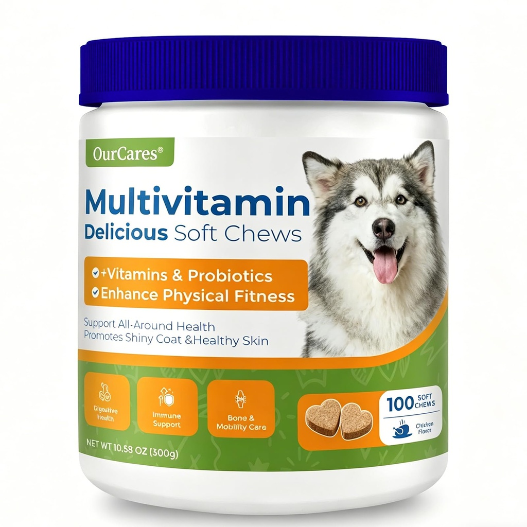 Dog Multivitamin, Glucosamine & Probiotics, Hip & Joint,100 Count | Soft chicken chews with omega-3 krill oil, chondroitin & MSM. Supports skin, coat, digestion & immune health for all breeds.