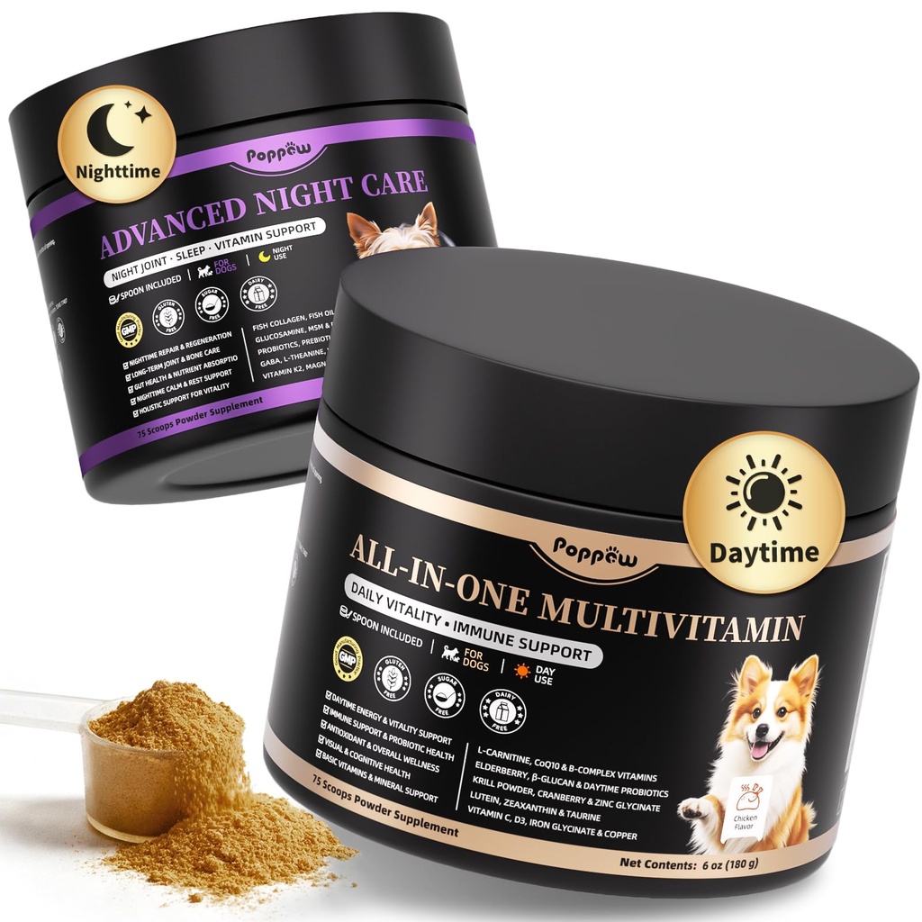 Dog Vitamins and Supplements - Day & Night 2 Pack, Chicken, 150 Scoops | Dog Multivitamin Powder with Collagen, Glucosamine, Probiotics - Joint, Gut, Calm, Skin & Immune Support