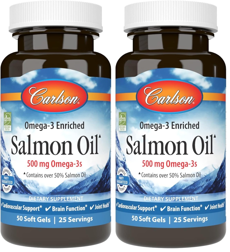 Carlson Salmon Oil, 500mg Omega-3s, Wild-Caught Norwegian Fish Oil, Sustainably Sourced, 50 Softgels (Pack of 2)
