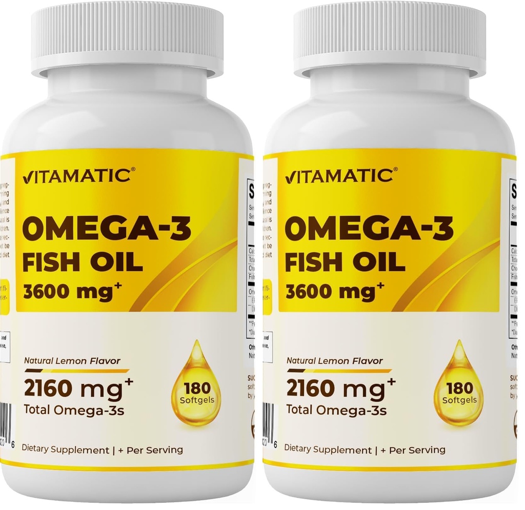 Vitamatic Triple Strength Omega 3 Fish Oil 3600mg Per Serving, 2160mg Omega 3 Fatty Acids, 1296mg EPA + 864mg DHA, Burpless Lemon Flavor, 180 Softgels (Pack of 2)