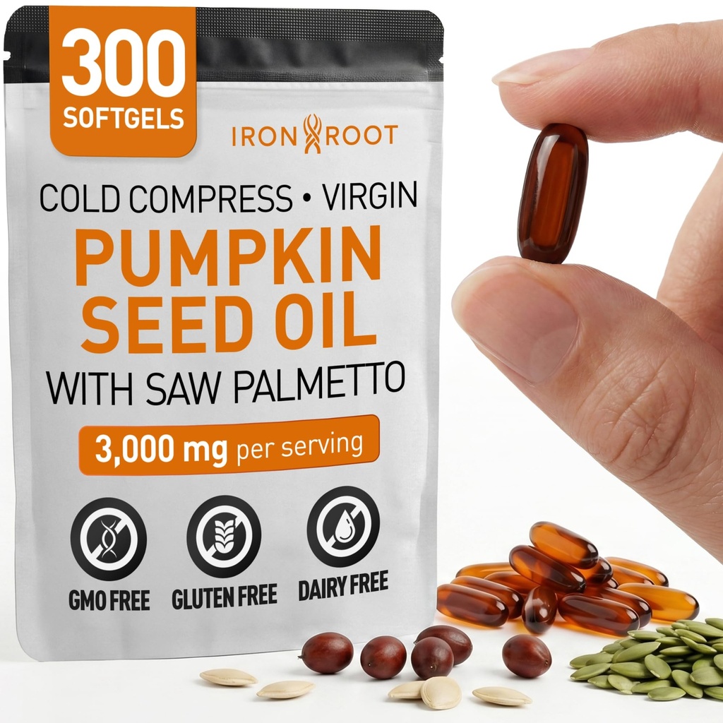 Pumpkin Seed Oil with Saw Palmetto Softgels, 3000mg per Serving, Cold Pressed Virgin Formula, 300 Softgels, Hair, Prostate, Bladder & Urinary Health Support, Non-GMO, Gluten Free, 100 Day Supply