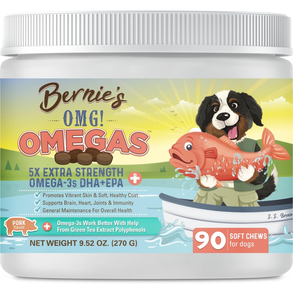 Bernie's OMG Omegas 5X Extra Strength Dog Omega-3 Soft Chews, Pork, 90 Ct | DHA+EPA supports allergy relief, skin, coat, joints, brain and inflammation; vitamin E and green tea help enhance absorption.