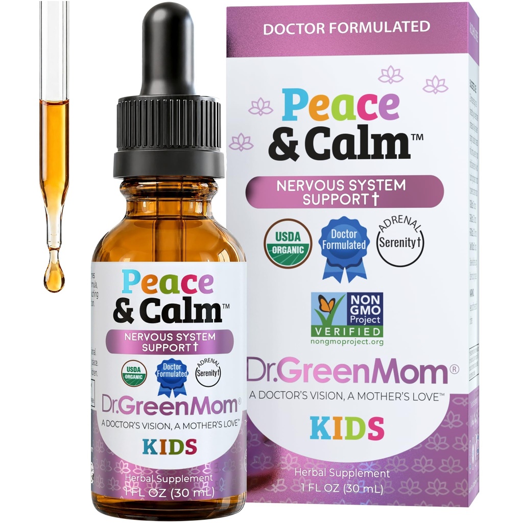 Peace & Calm Kids — Herbal Remedy for Mood, Stress, Sleep & Relaxation — Chamomile Supplement with St. John's Wort, Lemon Balm & Valerian — Sugar-Free, Dye-Free — 1 Fl Oz