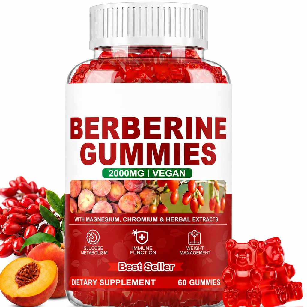 Berberine Gummies 2000mg with Chromium, Peach, 60 Count | High-potency Berberine HCl blend with chromium, ALA, cinnamon and turmeric for convenient daily wellness support