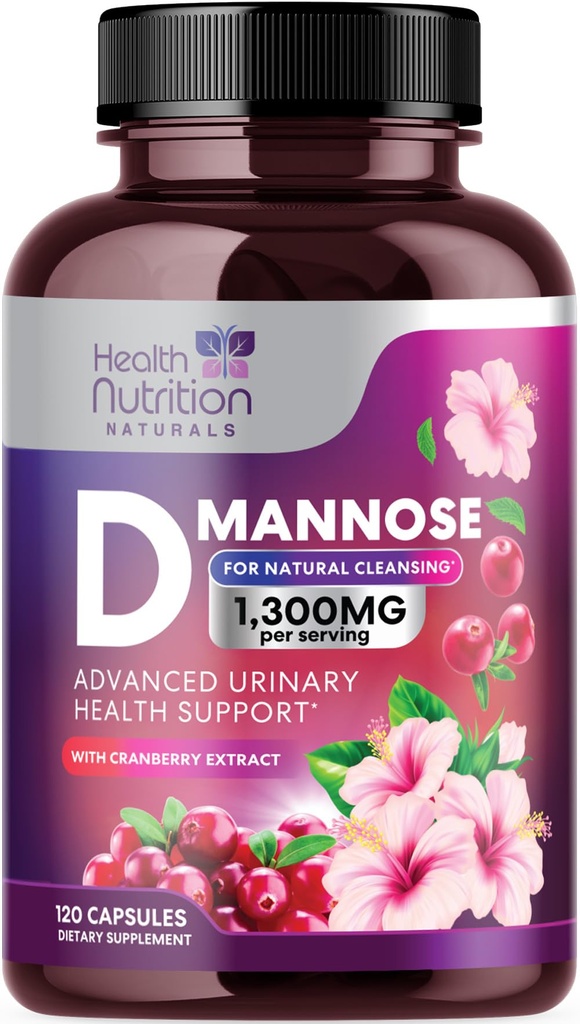 D-Mannose Supplement - 1,300mg Organic D Mannose Per Serving with Organic Cranberry Extract - Fast-Acting, Natural Urinary & Bladder Support for Women & Men – Flush & Cleanse Impurities – 120 Capsules