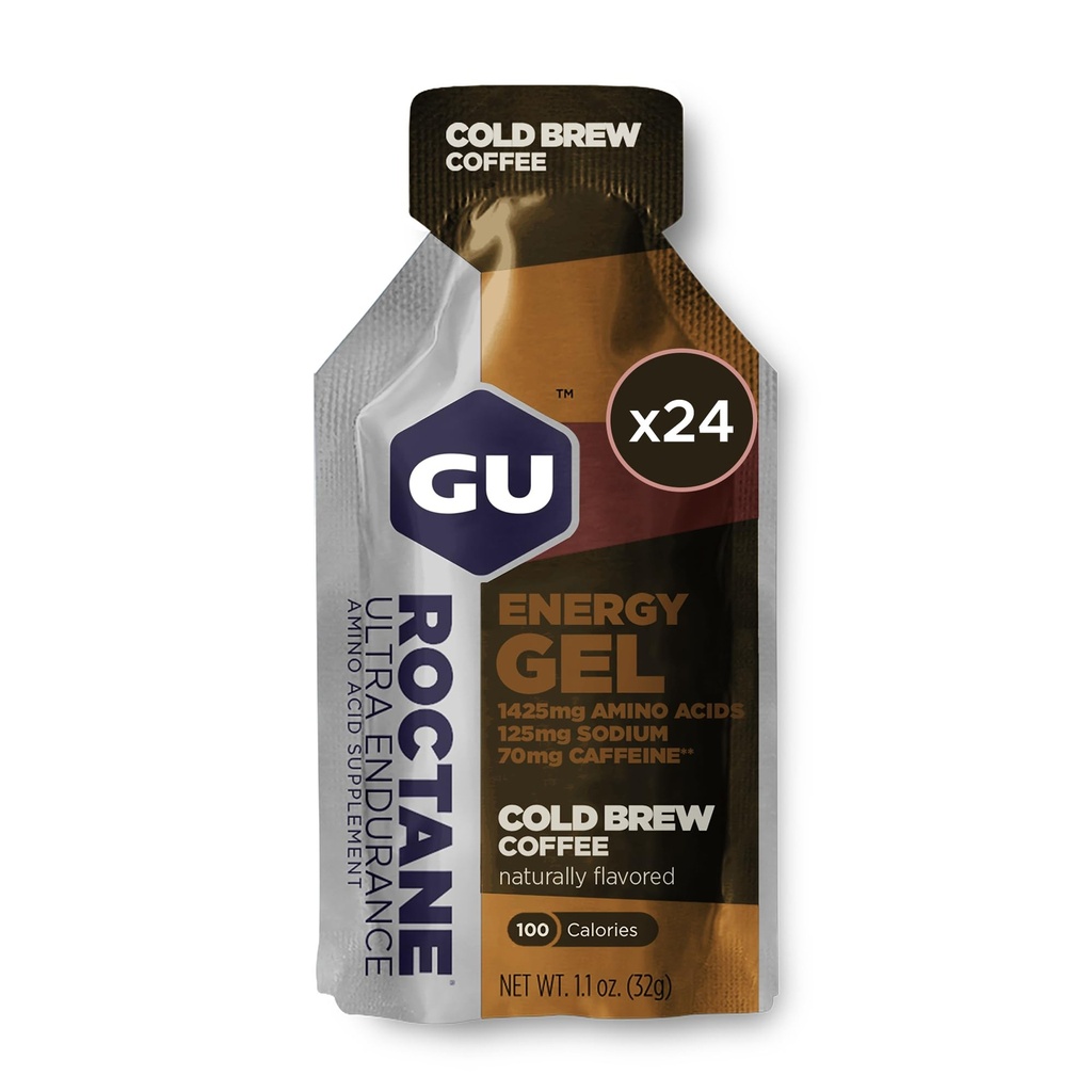 GU Energy Roctane Ultra Endurance Energy Gel, Vegan, Gluten-Free, Kosher, and Dairy-Free On-The-Go Sports Nutrition for Running, Biking, Hiking or Skiing, Cold Brew 2X Caffeine (24 Packets)