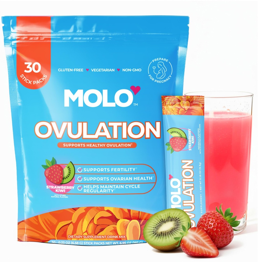 MOLO Ovulation Supplement for Women - Myo-Inositol, D-Chiro-Inositol, Vitamin D for Monthly Cycle Nutritional Support– 30 Stick Packs Strawberry Kiwi Flavor – Vegetarian, Gluten-Free & Non-GMO