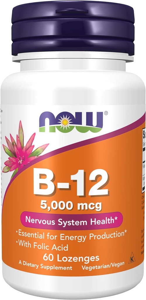 NOW Foods Suplementos, vitamina B-12 5,000 mcg, con ácido fólico, saúde do sistema nervioso