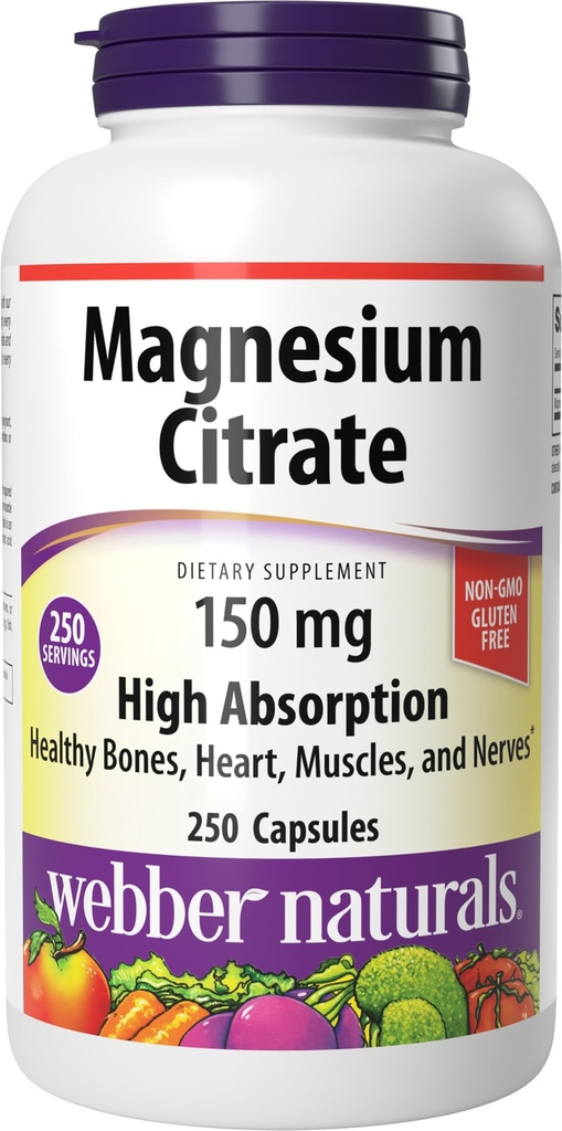 Webber Naturals Magnesium Citrate, 150 mg Per Capsule, 250 Capsules, High Absorption, Helps Support Bones, Teeth and Proper Muscle & Heart Function, Magnesium Supplement, Gluten & Dairy Free