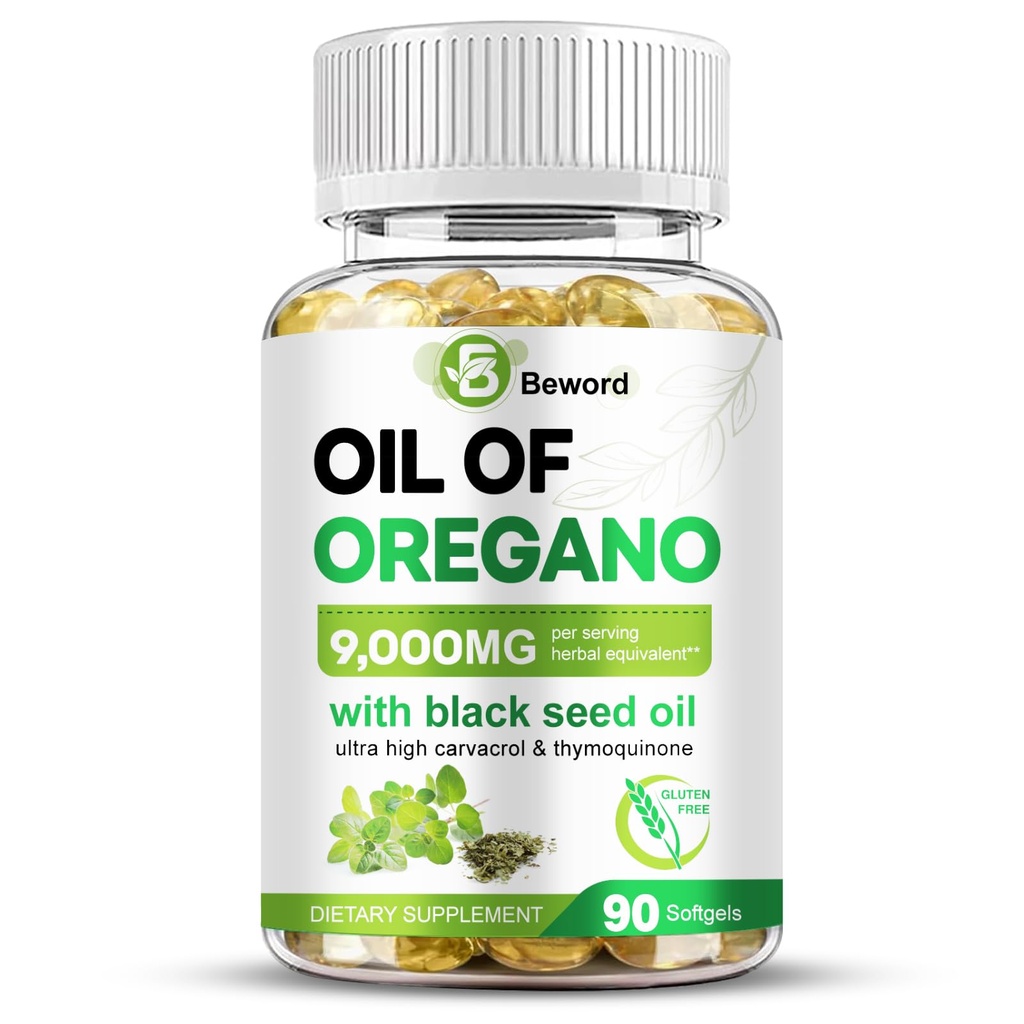 BEWORD Oil of Oregano with Black Seed Oil, 90 Softgels, 9000mg Per Serving | 2-in-1 Oregano Supplement for Immune Health with High Carvacrol & Thymoquinone | Plant-Based, Non-GMO