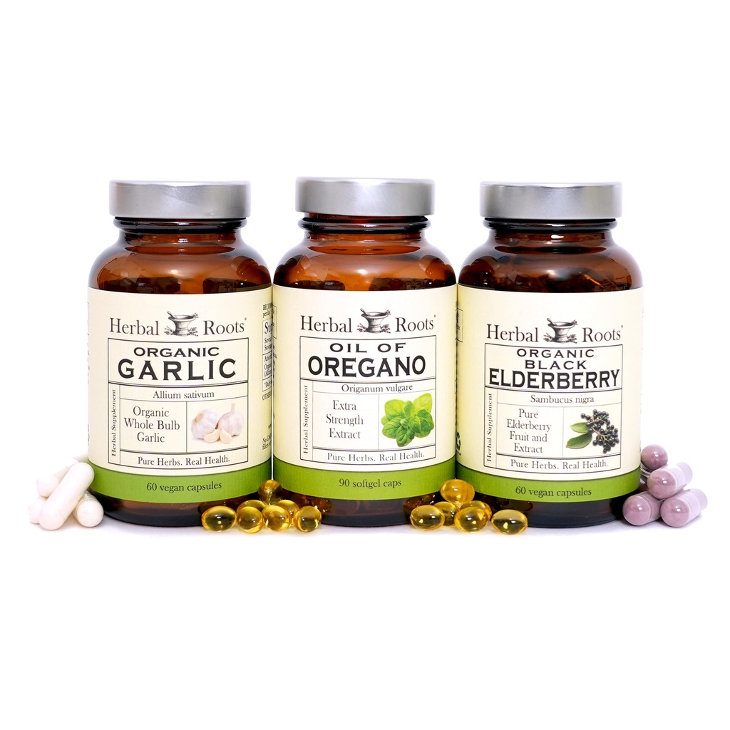 Herbal Roots Immune Boosting Trio, Oil of Oregano, Garlic, Black Eldberry Herbal Supplements, Non-GMO