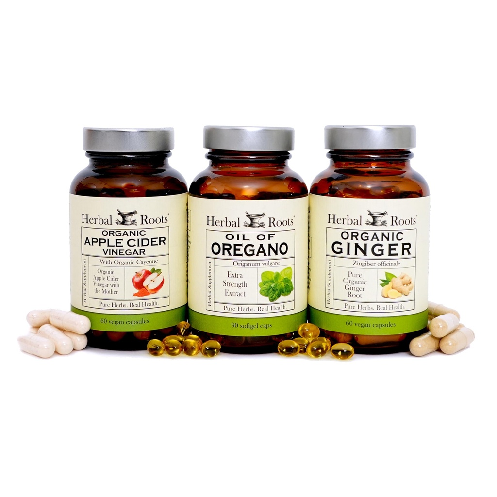 Herbal Roots Digestive Support Trio, Oil of Oregano, Certified Organic ACV & Ginger Herbal Supplements - Non-GMO