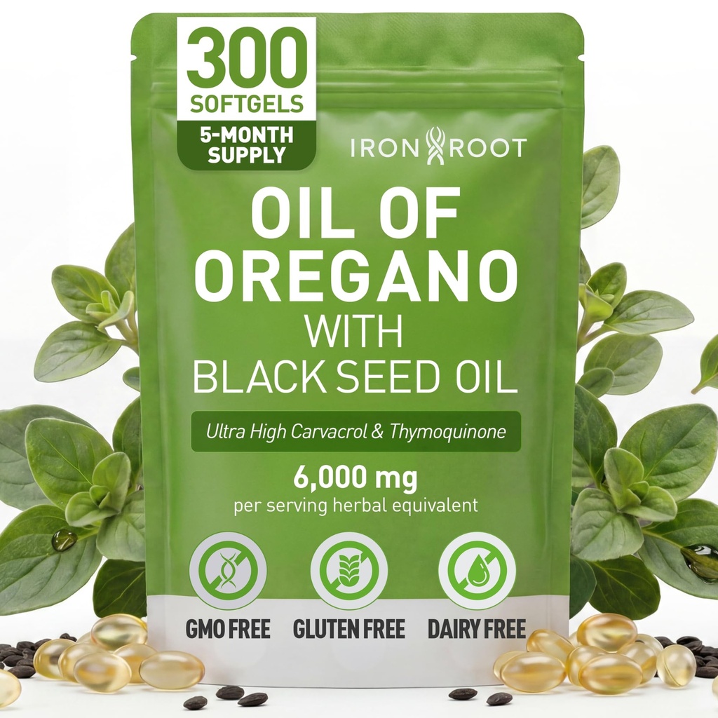 Oil of Oregano with Black Seed Oil Softgels 300 Count, 6000mg Herbal Equivalent, High Carvacrol