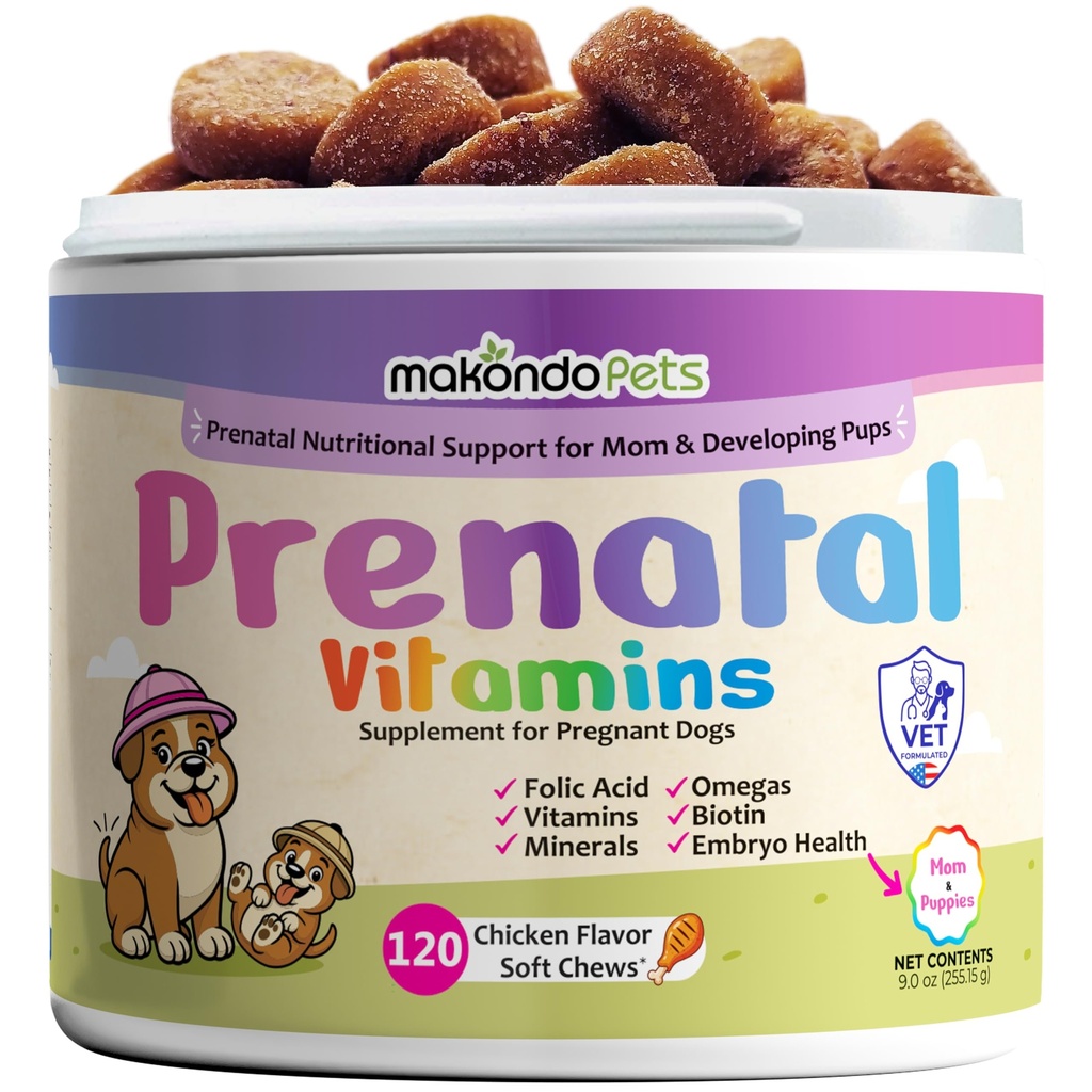 Dog Prenatal Vitamins, 120 Soft Chews Multivitamin, Mom & Puppy Vitamins | Folic Acid, Zinc, B-Complex, DHA & EPA Omegas and Probiotics, Supplement for Pregnant, Nursing Breastfeeding pets