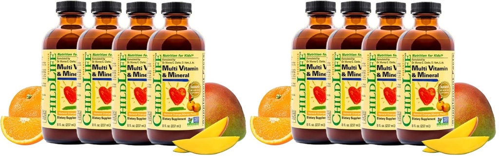 CHILDLIFE ESSENTIALS Kids Multivitamin & Mineral - Vitamins for Kids, Liquid Multivitamin Supplement for Toddler & Baby Wellness - Natural Orange & Mango Flavor, 8 Fl Oz (Pack of 8)