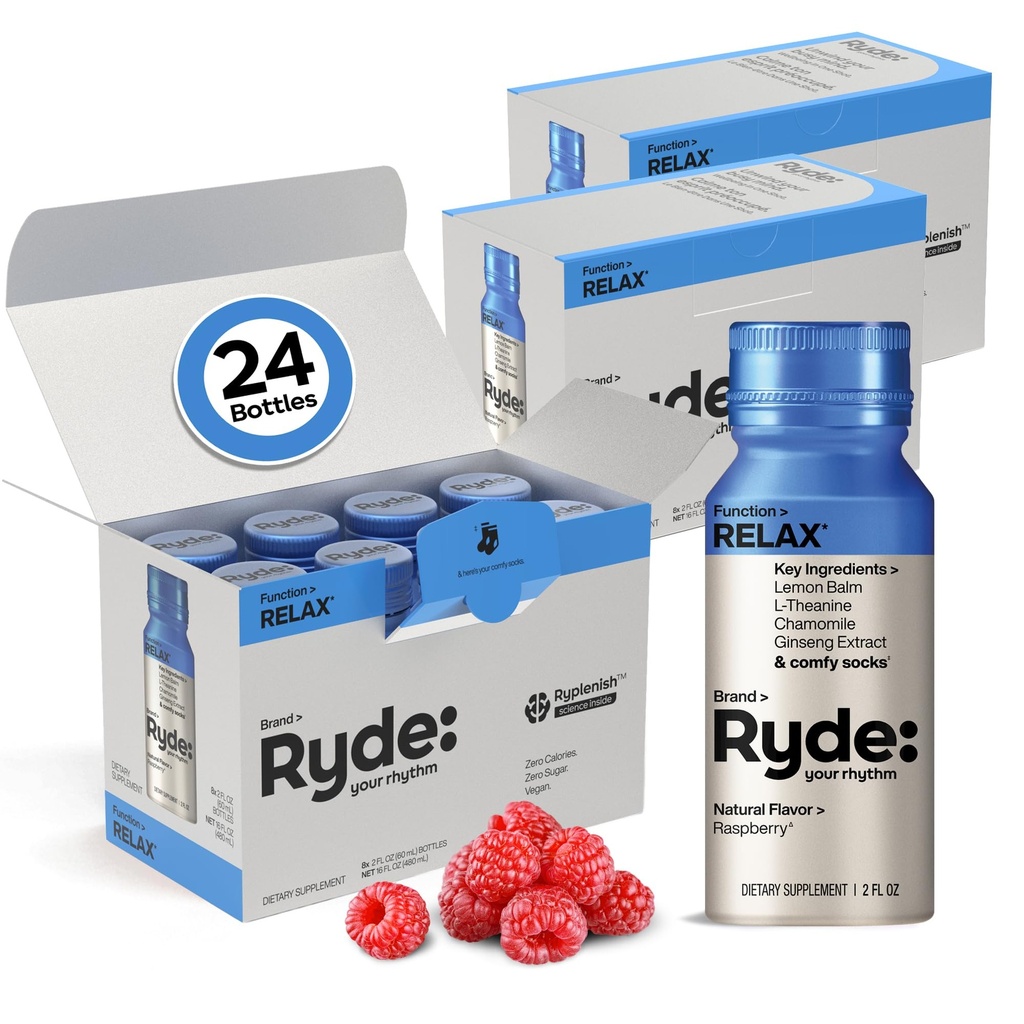 RYDE Relax Shot, Raspberry Flavor, Zero Sugar, 2 fl oz, 24 Pack | stress relief support; calm mindset; unwind anytime; ease tension; daily relaxation supply