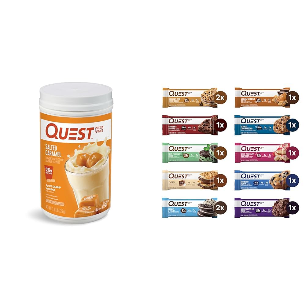 Quest Protein Powder & Bars Bundle; Salted Caramel Powder 26g Protein 1g Sugar; 12 Bar Variety Pack 20-21g Protein