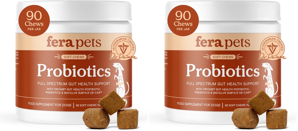Fera Pets Probiotics for Dogs with Prebiotics and Postbiotics - Full Spectrum Gut Health Support - Promotes a Balanced Gut Microbiome - Boosts Immune Health - 90 Soft Chews (Pack of 2)