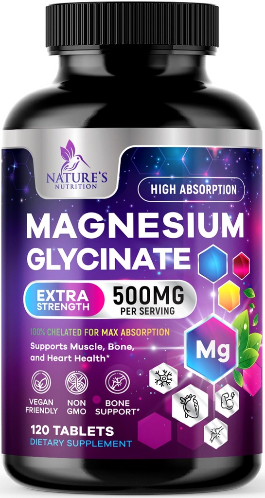 Magnesium Glycinate Supplement - 500mg Magnesium Per Serving - 100% Chelated & Purified - Supports Sleep, Heart Health, & Muscle Strength - Best Absorption Magnesium, Bottled in USA - 120 Tablets