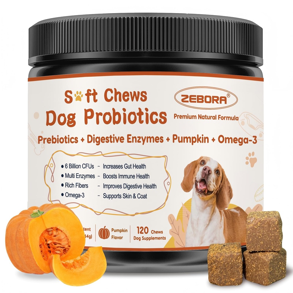 ZEBORA Probiotics for Dogs, Supports Digestive Health, 120 Soft Chews | With Pumpkin, Digestive Enzymes, and Prebiotics, Supports Gut Health, Immune, Skin, and Occasional Diarrhea Relief