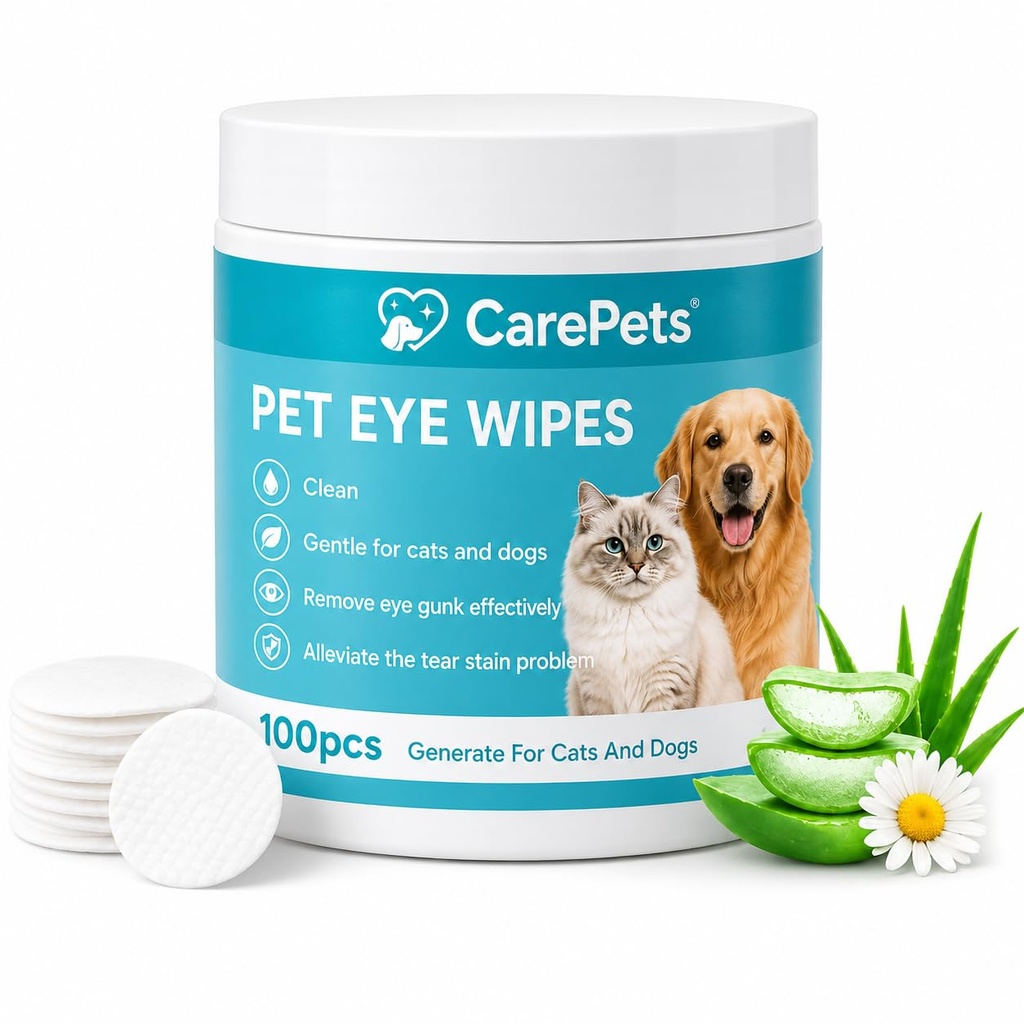 Eye Wipes Textured for Tear Stains, 100 Count Pet Tear Stain Remover Pads for Dogs and Cats, Gentle Eye Cleaning Wipes with Aloe Vera & Chamomile, Fragrance Free (1)