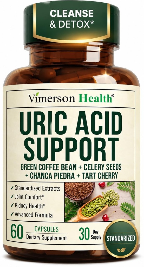 Uric Acid Support - Green Coffee Bean Celery Seed Chanca Piedra Turmeric Tart Cherry Vitamin B6 & Cranberry Extract – Kidney & Joint Support – 14 Herb Cleanse & Detox – 60 Vegan Caps -30 Days Supply