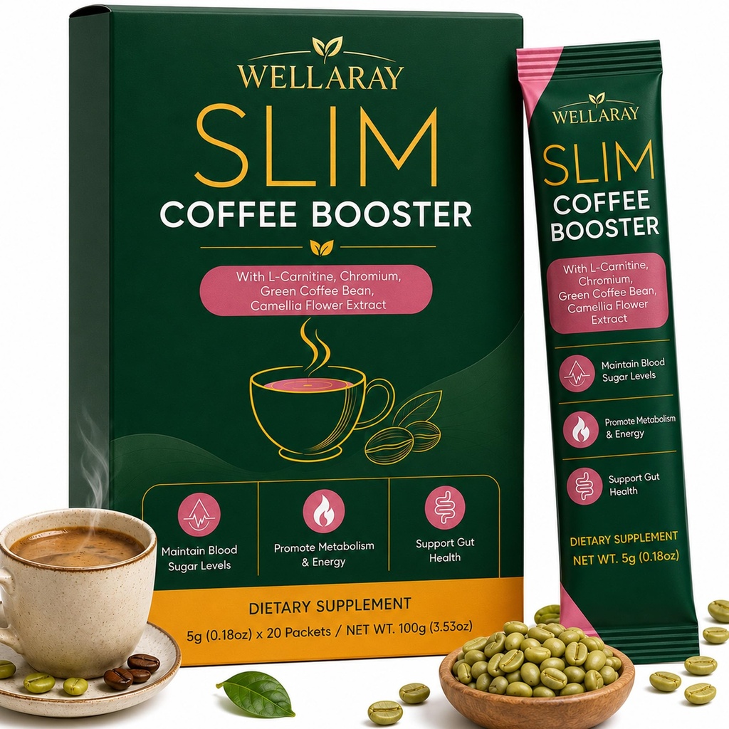Wellaray Slim Coffee Booster, Flavorless Green Coffee Bean Extract Powder with Green Tea Extract, L-Carnitine, Chromium, Promote Gut Health & Support Energy, Maintain Blood Sugar Levels, 20 Packets