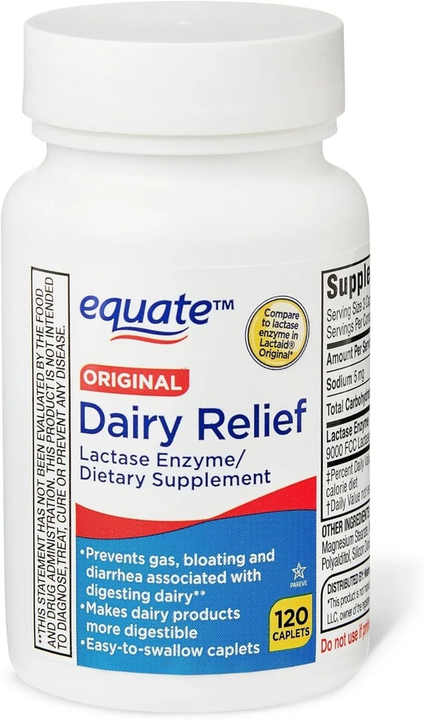 Dairy Relief Caplets, Original, Lactase Enzyme, 120 Pills by Equate (Pack of 1) + Sticker