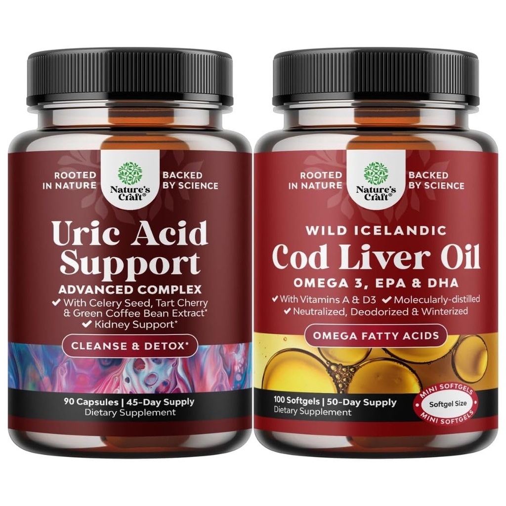 Bundle of Uric Acid Cleanse & Detox - Green Coffee Beans with Turmeric, Tart Cherry & Celery Seed for Kidney Cleanser and Cod Liver Oil Softgels - Fish Omega 3, EPA, DHA, VIT D & A for Heart Support